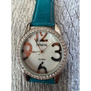 Geneva Quartz Watch Womens Teal Croc Leather Rhinestone Bezel Cracked Crystal